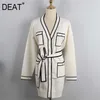 DEAT Jesień i zima Moda Casual V-Neck Full Rękawy Kontrast Kolory Talii Pas Belt Pojedynczy Kierowany Cardigan 210918