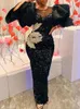 Casual Dresses Women Black Sequin Long Dress Floral Broderad Bodycon Puff Sleeve Party Födelsedag Bröllopsklubb Outfits 2021 4XL