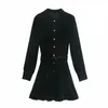 Za Autumn Black Velvet Mini Dress Women Vintage French Elegant Lengeve Dress Woman Fashion Tie Belt Ladies Dresses210303