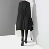 Korean Woman Solid Black Unique Cape Style Jacket Open Design Big Size Long Tape Metal Holes Ladies Loose Jacket Cloak 3843 210928