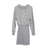 WOMENGAGA corée automne récolte taille mince fesse gris Mini robe à capuche Sexy robes mode femmes 83Z2 210603
