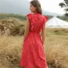 Abito estivo da donna elegante con stampa a pois a cuore Abito da donna con maniche a farfalla con volant Abito da vacanza medio lungo Blu Nero Rosso 210730