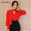 エレガントな女性韓国のファッション赤いブラウスシャツ春蝶ネクタイリボンネックロングランタンスリーブカジュアルワーク210603