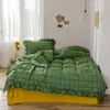 Korean retro plaid lace bed linen Bedding Sets QueenKing Size Duvet Cover Set flat fitted Quilt Cover 4pcs bed skirt sets 210309