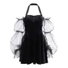 Insgoth mall goth svart mini klänning vintage estetisk mesh ärm höga midja klänningar gotisk sexig sammet fest outfit sommarklänning y1204