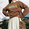 İşlemeli Mektup Desen Vintage Kahverengi Crewneck Kazak Kadın Büyük Boy Kış Üstleri Marka Tasarım Moda Genç Kız Giysileri 210805