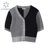 Estilo Coreano O-pescoço Curto Curto Suéteres Fino Cardigan Button Up Summer Casual Moda Patchwork Crop Top Feminino 210806