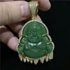 18K Gold Plated Iced Out Laughing Buddha Green Jade Pendant Necklace Men Bling Jewelry Gift