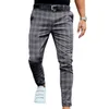 Mens Kontrollera Byxor Slim Fit Soft Stretch Casual Long Trousers Arbetskontor Business Man Sommar Casual Long Pant Streetwear 211108