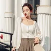 Short Tops Puff Sleeve Blouse Women OL Work Wear Square Collar Fashion Zipper Up Shirts Ladies Vintage Office Blusa Girls 210601