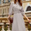 Simplee A-line holiday female midi dress Ruffled three quarter sleeve pleated dress Elegant belt office ladies pocket dress 210303