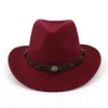Западная ковбойская шляпа Европейская США Широкий Breim Woolen Джазовая шляпа с кожей украшена Trilby Fedora Hat размер 56-58см