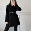 Black Woollen Blazer For Women's Midi Winter Hepburn style Thick Slim Double Breasted Belt Wool Suit Jacket 210608