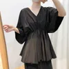 Blusa de cintura en forma de A Camisa de gasa despeinada Manga corta Mujer Verano Cuello en V Murciélago 210607