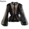 Neploe chic kanten patchwork ruches blouse sexy perspectief single breasted blusas o nek puff lange mouw shirt feest herfst 48158 210226