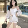 Zomer Sexy Off-the-Shoulder Long Puff Sleeve Onregelmatigheid Blouse + Hoge Taille Bodycon Zipper Bandage Shorts Sets 210531