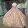 Allık Pembe Sparkly Quinceanera Gelinlik Modelleri 2021 Kapalı Omuz Sequins Balo Tül Parti Tatlı 15 16 Elbise Quinceañera Anos