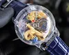 Astronomia Tourbillon Or Jaune 18K Dragon Swiss Quartz Montre Homme Pave Piece Unique Verre Entièrement Transparent Gravure 3D Cuir Bleu Super Edition Swisstime C3