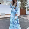 Robe longue de plage sexy évider Boho col en V profond robe d'été pour femmes imprimé à volants à manches longues maxi robes designer 211029