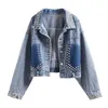 女性のジャケットおそらくU女性デニムジャケット短いリベットブルーブラックポケットパッチワークC01001