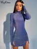 Hugcitar Shine Balıkçı Yaka Omuz Pedleri Yarık Mini Elbise 2021 Güz Kadın Moda Seksi Kulübü Kıyafetler Vestidos Kleider Mit Schlitz Y1204