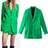 TRAF Green Blazer Женщины ZA Элегантный Офис Длинные Куртки Рукав Осень Негабарит Костюм Кнопка Женщина 211222