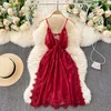 Women Fashion Lace Mesh Cut-out Crochet Embroidery Dress V-neck Slim Sleeveless Solid Color Clothes Vestidos R181 210527