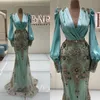 Luxury Beading Mermaid Prom Dresses Long Sleeve Sexy Deep V Neck Evening Dress Party Wear Sweep Train Gowns
