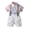 FOCUSNORM 2ピース幼児子供赤ちゃん男の子1-4Y紳士服装服ピンクの格子縞半袖ローマントップ+ショーツ夏服セットx0802
