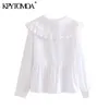 KPYTOMOA Femmes Mode douce avec col Peter Pan Blouses à volants Vintage manches longues Bouton-up Chemises féminines Chic Tops 210308