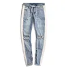 Masculino jeans homem 'lado' lado listra zipper designs ins holanda buraco quebrado preto hip hop sportswear elástico cintura corredores calças moda coagulação