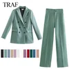 TRAF ZA Veste Femme Double Boutonnage Blazer Cranté Costume De Bureau Pantalon Solide Manches Longues + Pantalon Mujer 211006