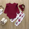 Ensemble de vêtements pour bébés filles, tenue d'automne, barboteuse à manches volantes et pantalon à fleurs avec bandeau, 3 pièces, ensembles de vêtements pour enfants