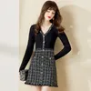 Abiti casual Elegante Lady 2022 Autunno Inverno Manica lunga Scollo a V Maglia Patchwork Vintage Tweed Abito di lana Abbigliamento donna Vestidos