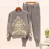 New Autumn Winter tracksuits Set Female Beading Diamonds Long sleeve Sweater Knit Pants 2pcs Women Autumns Loose Pullover Trousers Knitwear Ladies