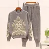 Neue Herbst Winter Trainingsanzüge Set Weibliche Perlen Diamanten Langarm Pullover Stricken Hosen 2 stücke Frauen Herbst Lose Pullover Hosen strickwaren Damen