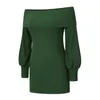 Sexy Ribbed Knitted Casual Dresses Autumn Winter Strapless Lantern Sleeve Solid Color Party Dress S-XXL
