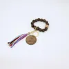 30PCS/DHL Personalized leather tassel bracelet key ring chains wooden beaded wristlet bangle carved bead elastic wrist bands charm pendants jewelry Wbfg
