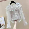 Solid All Match Hollow Perspektiv Peter Pan Collar Lace Flare Sleeve Shirts Spring Blouse Women 210615