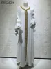 Siskakia Jalabiya Kaftan klänning för kvinnor Dubai Turkiet Golden Ribbon Broderi Loose Muslim Arabic Islamic Kläder Vit 210303