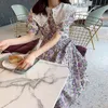 Korejpaa Mulheres Vestem Verão Coreano Cheia Idade Chic Reduzindo Doce Hollow Boneca Collar Lace-Up Floral Puff Sleeve Plissado Vestidos 210526