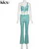 Kliou rayé deux pièces ensembles boucle col oblique bandage décolleté haut + vintage évasé corset taille haute pantalon sexy club streetwear 211105