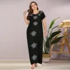 Siskakia bestickte Perlen langes Kleid schwarz Plus Size Damen Maxikleider Mode Schnürsenkel Patchwork Kurzarm lose lässig 210302