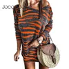 Jocoo jolee vrouwen casual katoen o nek gestreepte mini jurk veer lange mouw losse jurk zebra print t shirt jurk oversized 5xl 210619