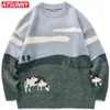 Atsunny Men Krowy Vintage Swetry zimowe Sweter Męskie Koreańskie Fashions Sweter Casual Harajuku Ubrania