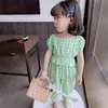 Jargazol Summer Girls Ruffle Outfits Flower Plaid Children Kläder mode toppbyxor söta koreanska lilla flicka kläder set 2108041971755