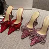 Mach Heels Slippers مصممين أحذية للنساء البلورة القوس القوس راينستون فستان مصمم صندل 9.5 سم عالية الكعب الشفافة PVC Baotou Slipper