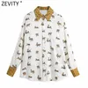 Zevity Mulheres Vintage Turn Down Collar Patchwork Impressão Cetim Blusa Feminina Tigre Kimono Camisas Chic Blusas Tops LS7658 210603