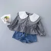 2-7 Years High Quality Spring Girl Clothing Set Fashion Casual Plaid Shirt + short Jeans Kid Children Girls 210615