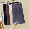 SURMIITRO Autumn Winter Knitted Midi Long Skirt Women Korean Style Black White Pocket High Waist Slit Pencil Skirt Female 210712